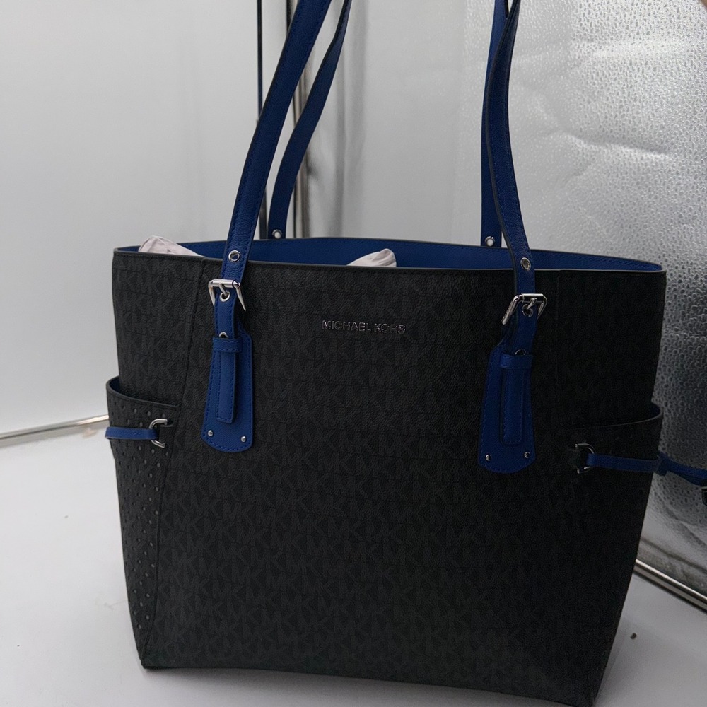 Michael Kors Voyager EW Tote Bag Black Grey Signature Logo Blue Trim - Picture 8 of 15